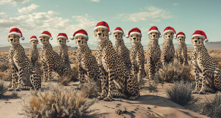 An image of 12 Cheetahs wearing Santa Claus hats